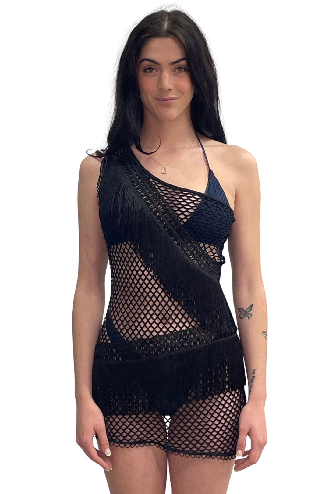 Black Fish Net One Shoulder Dress-Despi-Gone Bananas Beachwear