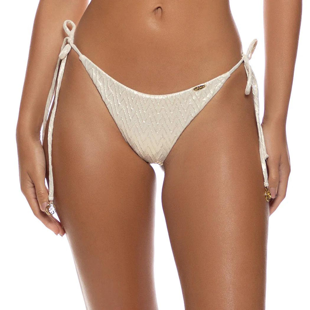 Gold Liquid Voltage Seamless Ruched Back Brazilian Tie Side Bottom-Luli Fama-Gone Bananas Beachwear