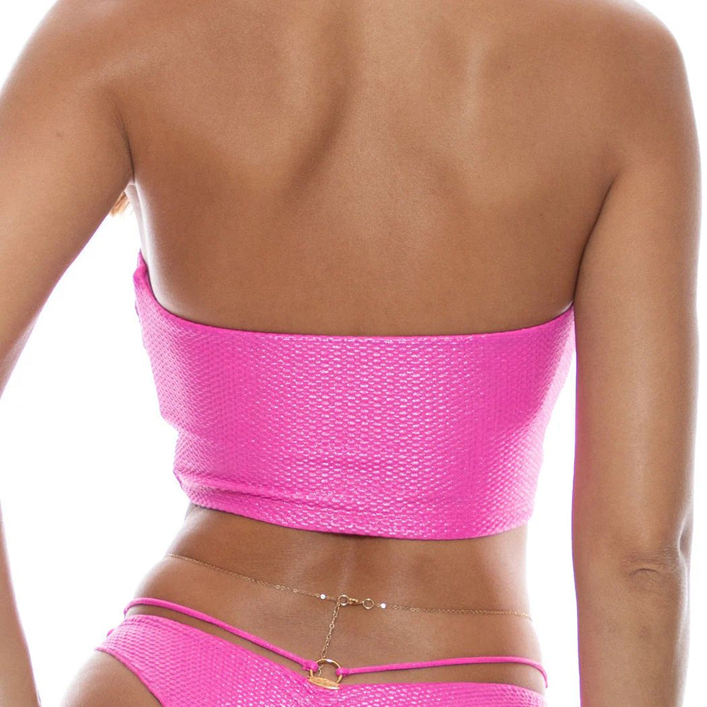 Metallic Pink Luminous Double Loop Bandeau Crop Top-Luli Fama-Gone Bananas Beachwear