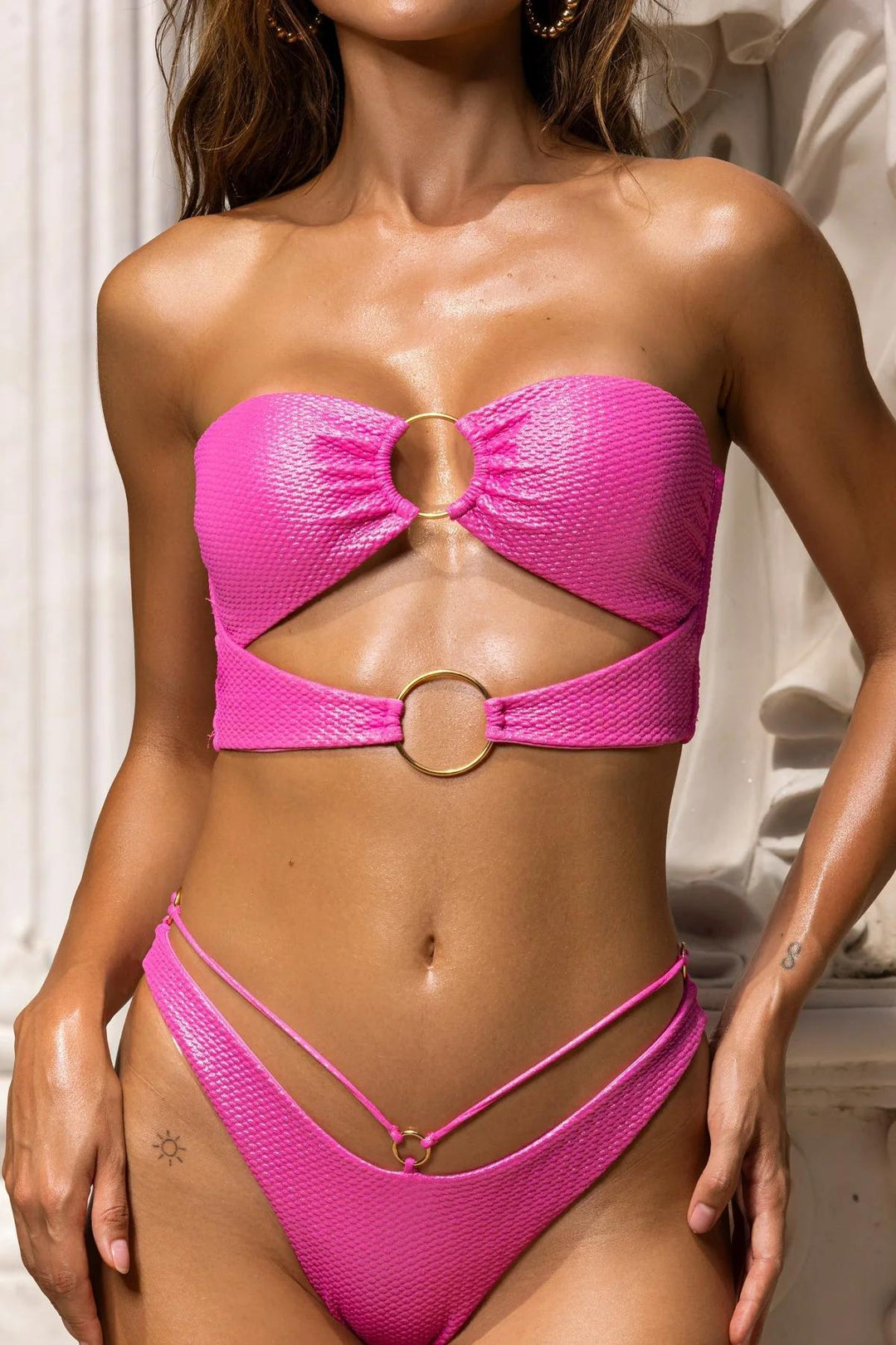 Metallic Pink Luminous Strappy Loop Brazilian Scrunch Bottom-Luli Fama-Gone Bananas Beachwear