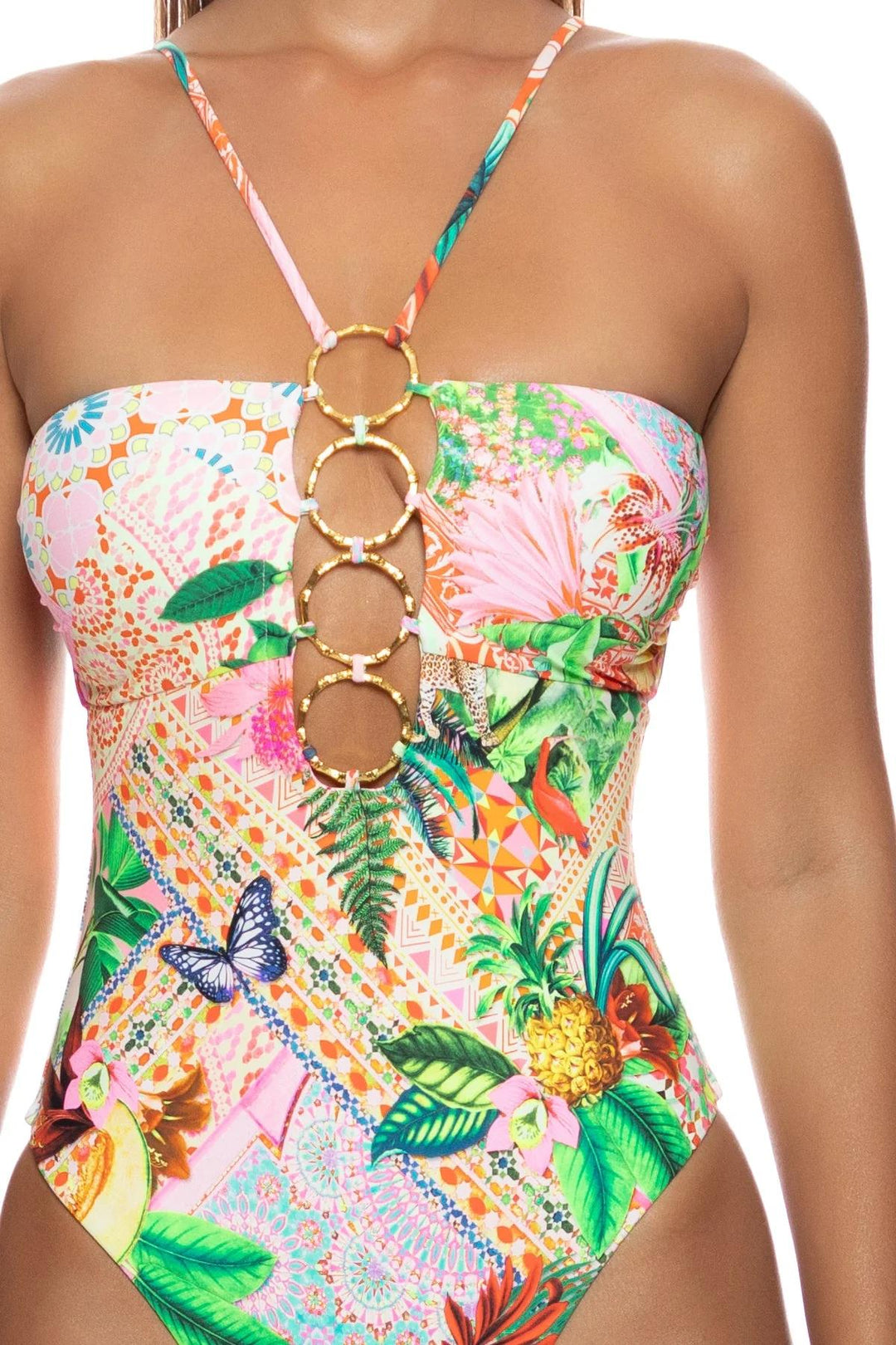 Multicolor Opulent Eden Halter Ring One Piece-Luli Fama-Gone Bananas Beachwear