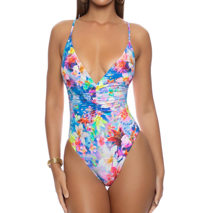 Multicolor Underwater Dreaming Ruched Deep V One Piece-Luli Fama-Gone Bananas Beachwear