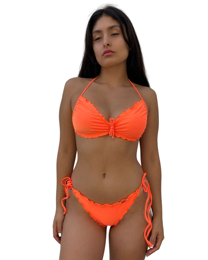 Neon Orange Cosita Buena Wavey Brazilian Tie Side Ruched Back Bottom-Luli Fama-Gone Bananas Beachwear
