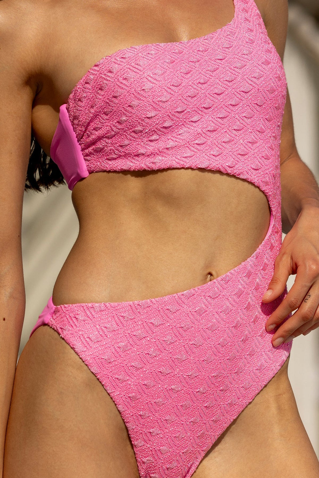 Pink Brilla One Shoulder Asymmetrical Bodysuit-Luli Fama-Gone Bananas Beachwear