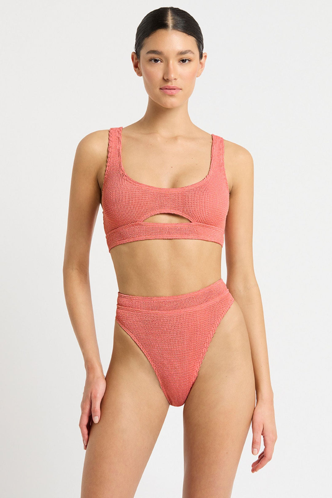 Ribbed Scoop High Waisted Bikini Set - Pink/Chartreuse