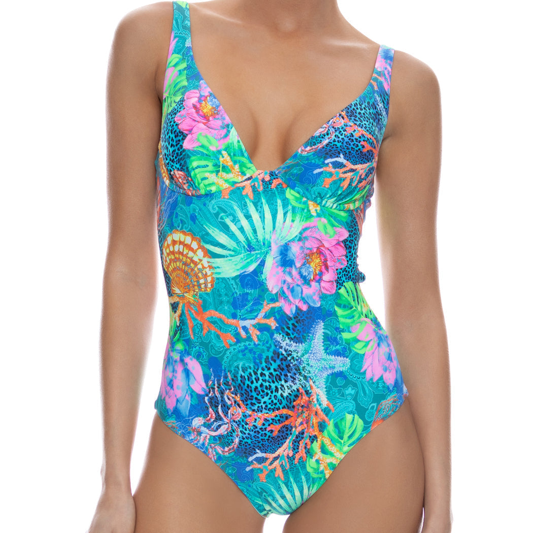 Tropical Siren Underwire Plunge One Piece-Luli Fama-Gone Bananas Beachwear